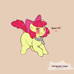 Size: 1200x1200 | Tagged: suggestive, artist:cold-blooded-twilight, apple bloom, blank flank, blushing, bow, collar, dialogue, dock, earth pony, female, filly, foal, foalcon, g4, heart, implied foalcon, imported from derpibooru, looking at you, name tag, pony, raised hoof, raised tail, slave collar, smiling, solo, solo female, tail