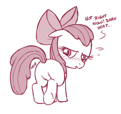 Size: 648x608 | Tagged: suggestive, artist:nekostar, apple bloom, blank flank, bloom butt, blushing, butt, dialogue, earth pony, edit, emanata, estrus, featureless crotch, female, filly, floppy ears, foal, foalcon, g4, imported from derpibooru, looking back, monochrome, nudity, onomatopoeia, open mouth, part of a series, part of a set, plot, pony, simple background, solo, solo female, sweat, sweatdrops, throb, underhoof, white background