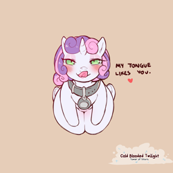 Size: 1200x1200 | Tagged: suggestive, artist:cold-blooded-twilight, sweetie belle, arm hooves, bedroom eyes, blushing, collar, female, foalcon, g4, heart, imported from derpibooru, kneeling, licking, licking lips, looking at you, name tag, semi-anthro, slave, slave collar, smiling, solo, solo female, suggestive dialogue, tongue out, underhoof, unicorn, wide hips