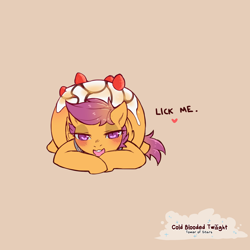 Size: 1200x1200 | Tagged: suggestive, artist:cold-blooded-twilight, scootaloo, bedroom eyes, blushing, collar, dialogue, eyeshadow, female, foalcon, food, foodplay, frosting, g4, heart, imported from derpibooru, looking at you, makeup, open mouth, open smile, pegasus, pony, simple background, smiling, solo, solo female, strawberry, wide hips