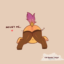 Size: 1200x1200 | Tagged: suggestive, artist:cold-blooded-twilight, scootaloo, asking for it, butt, butt blush, clothes, dialogue, dock, female, foalcon, from behind, g4, heart, imported from derpibooru, legwear, mounting, pegasus, plot, pony, presenting, raised tail, scootabutt, simple background, solo, solo female, stockings, tail, thigh highs, wide hips