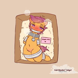 Size: 1200x1200 | Tagged: suggestive, artist:cold-blooded-twilight, scootaloo, arm behind back, bedroom eyes, belly button, blushing, blushing profusely, bondage, box, collar, eyeshadow, female, femsub, foalcon, g4, gag, imported from derpibooru, looking at you, makeup, name tag, panting, pegasus, pony in a box, pubic fluff, semi-anthro, simple background, slave, solo, solo female, styrofoam, submissive, tied up, wide hips, writing