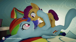 Size: 1920x1080 | Tagged: suggestive, artist:plumage, rainbow dash, scootaloo, 3d, age difference, animated, bed, blank flank, blinking, download at source, eyes closed, female, filly, foal, foalcon, french kiss, g4, grabbing, hesitant, imported from derpibooru, kiss on the lips, kissing, lesbian, looking at each other, loop, lying down, lying on bed, mane, mare, mare on filly, no sound, not sfm, on back, on bed, open mouth, pegasus, pony, rainbow dash's bedroom, rainbow dash's house, red eyes, ship:scootadash, shipping, size difference, smiling, spread wings, tail, teasing, tongue out, tongue play, tongue to tongue, unity, unity (game engine), webm, wings