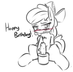 Size: 850x834 | Tagged: suggestive, artist:thebakaponi, apple bloom, blushing, cactus, earth pony, female, filly, foal, foalcon, g4, happy birthday, imported from derpibooru, looking at you, partial color, pony, solo