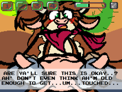 Size: 800x600 | Tagged: suggestive, anonymous artist, arizona (tfh), banned from foenum, blushing, calf, community related, cow, female, foalcon, game, imported from derpibooru, interspecies, male, nudity, pixel art, predator, them's fightin' herds, udder
