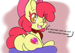 Size: 2388x1668 | Tagged: suggestive, artist:steelsoul, apple bloom, apple bloom's bow, bloom butt, blushing, bow, butt, butt freckles, clothes, dialogue, dock, earth pony, featureless crotch, female, filly, foal, foalcon, freckles, g4, hair bow, implied incest, implied macbloom, implied shipping, implied straight, imported from derpibooru, looking at you, open mouth, plot, pony, scarf, sitting, smiling, tail