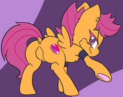 Size: 1858x1453 | Tagged: suggestive, artist:steelsoul, scootaloo, butt, dock, ear piercing, featureless crotch, foalcon, g4, imported from derpibooru, looking at you, looking back, piercing, plot, scootabutt, tail, underhoof