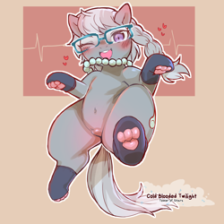 Size: 1200x1200 | Tagged: suggestive, artist:cold-blooded-twilight, silver spoon, belly button, blushing, clothes, earth pony, featureless crotch, female, filly, foal, foalcon, g4, glasses, heart, imported from derpibooru, jewelry, looking at you, necklace, one eye closed, open mouth, open smile, paw pads, paw socks, pearl necklace, pony, ponytail, simple background, smiling, socks, solo, solo female, wide hips, wink, winking at you