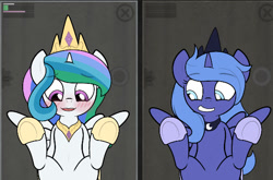Size: 577x380 | Tagged: suggestive, artist:dailevy, princess celestia, princess luna, alicorn, blushing, crown, female, filly, filly luna, foal, foalcon, g4, game, implied sex, imported from derpibooru, jewelry, pony, regalia, royal sisters, s1 luna, secret horse files, siblings, sisters, smiling, underhoof, woona, younger