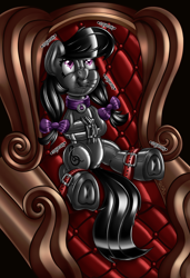 Size: 2340x3420 | Tagged: suggestive, artist:qlop, alternate version, ballgag, bondage, bow, chair, clothes, collar, commission, earth pony, encasement, female, filly, foal, foalcon, frog (hoof), g4, gag, gimp suit, heart eyes, high res, imported from derpibooru, latex, latex suit, octavia melody, onomatopoeia, pigtails, pony, rubber, solo, spread legs, spreading, squeak, squeaky, straitjacket, straps, tied to chair, underhoof, wingding eyes, younger