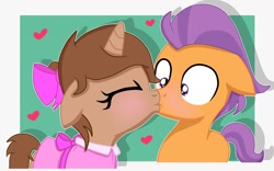 Size: 1280x800 | Tagged: safe, artist:chip16, oc, oc:heroic armour, base used, blushing, bow, canon x oc, clothes, colt, colt on colt, commission, crossdressing, cute, dress, duo, earth pony, eyelashes, eyes closed, fake ears, femboy, floppy ears, foal, foalcon, g4, gay, heart, imported from derpibooru, kiss on the lips, kissing, male, no eyelashes, pony, pony on pony action, ribbon, romantic, surprise kiss, surprised, tender taps, unicorn, ych result