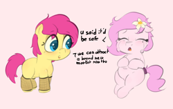 Size: 4395x2773 | Tagged: suggestive, artist:php197, oc, oc:banana split, oc:kayla, clothes, duo, earth pony, female, filly, fishnet stockings, flower, flower in hair, foal, foalcon, imported from derpibooru, legwear, oc only, pony, pregnant, pregnant foal, text