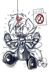 Size: 1170x1710 | Tagged: suggestive, artist:qlop, oc, oc:paperclip, asphyxiation, bondage, bondage yoke, breathplay, commission, derpibooru exclusive, female, filly, foal, foalcon, gag, imminent death, imported from derpibooru, latex, latex suit, monochrome, panic, pegasus, peril, pony, scissors, sketch, solo