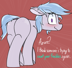 Size: 2668x2546 | Tagged: safe, artist:pinkberry, oc, oc:winter azure, blushing, body freckles, butt, butt freckles, colt, commission, cute, dialogue, dock, earth pony, earth pony oc, eyelashes, floppy ears, foal, foalcon, freckles, frog (hoof), girly, high res, imported from derpibooru, looking at you, looking back, looking back at you, male, oc only, ocbetes, plot, pony, raised hoof, red background, shocked, shocked expression, shrunken pupils, simple background, solo, stallion, text, trap, underhoof