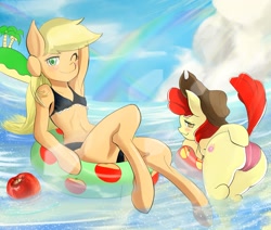 Size: 2001x1700 | Tagged: suggestive, artist:uguisunokoe1919, apple bloom, applejack, anthro, arm hooves, beach, bikini, blushing, breasts, clothes, earth pony, female, filly, foal, foalcon, g4, imported from derpibooru, island, mare, rainbow, swimsuit, translation request