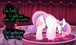 Size: 7265x4339 | Tagged: suggestive, artist:andaluce, artist:pinkberry, sweetie belle, absurd resolution, alternate version, butt, butt freckles, clothes, collaboration, dialogue, dock, female, filly, foal, foalcon, freckles, g4, implied rarity, imported from derpibooru, panties, plot, pony, raised tail, solo, solo female, speech, striped panties, striped underwear, sweetie butt, tail, talking, text, underwear, unicorn