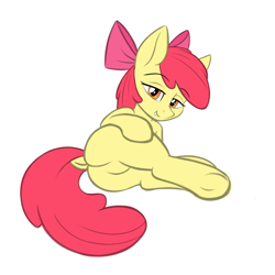 Size: 1324x1324 | Tagged: suggestive, artist:kyrgyzpopstar, apple bloom, bedroom eyes, bloom butt, butt, dock, earth pony, edit, eyebrows, eyebrows visible through hair, featureless crotch, female, filly, foal, foalcon, g4, grin, imported from derpibooru, looking at you, looking back, looking back at you, plot, pony, rear view, simple background, smiling, smiling at you, solo, solo female, teasing, underhoof, white background