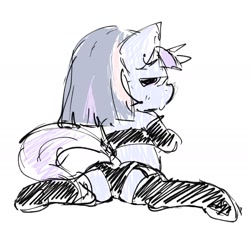 Size: 1682x1562 | Tagged: suggestive, artist:sweetjort, oc, oc:flawless sparklemoon, back, butt, clothes, dock, female, filly, flexible, foal, foalcon, fusion, fusion:trixie, fusion:twilight sparkle, fusion:twixie, garter belt, garters, horn, imported from derpibooru, latex, legwear, looking back, midriff, oc only, plot, pony, solo, tail, tamers12345, thigh highs, unicorn