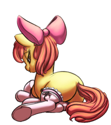 Size: 996x1120 | Tagged: suggestive, apple bloom, artist needed, bedroom eyes, bloom butt, butt, clothes, earth pony, female, filly, foal, foalcon, g4, imported from derpibooru, legwear, looking at you, looking back, looking back at you, plot, pony, socks, solo, stockings, stupid sexy apple bloom, thigh highs