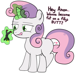 Size: 1143x1117 | Tagged: suggestive, sweetie belle, oc, oc:anon, apple eyes, butt, crossed legs, dialogue, drool, female, filly, filly pred, floating heart, foal, foalcon, g4, giantess, heart, human, hungry, imminent vore, implied vulvar winking, imported from derpibooru, kitchen eyes, licking, licking lips, macro, magic, micro, plot, ponies eating humans, pony, size difference, stomach noise, sweetie butt, sweetiepred, taste buds, this will end in vore, tiny human, tongue out, unicorn, wingding eyes