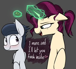 Size: 1269x1154 | Tagged: suggestive, artist:pinkberry, oc, oc:mulberry merlot, bits, colt, duo, female, foal, foalcon, freckles, g4, heart, imminent foalcon, imminent sex, implied sex, imported from derpibooru, magic, male, mare, mulberry is a foalslut, pegasus, pony, propositioning, prostitution, rumble, speech, straight, straight shota, talking, tattoo, text, this will end in jail time, unicorn