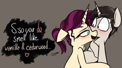 Size: 1395x778 | Tagged: suggestive, artist:pinkberry, oc, oc:mulberry merlot, oc:sepher gray, age difference, blushing, colt, duo, female, foal, foalcon, freckles, heart, i need an adult, imminent foalcon, imported from derpibooru, male, mare, mare on colt, mulberry is a foalslut, nervous, nervous sweat, oc only, pony, smell, smelling, speech, straight, straight shota, stranger danger, sweat, sweatdrop, sweatdrops, talking, tattoo, text, unicorn