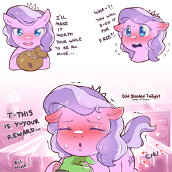 Size: 1200x1200 | Tagged: suggestive, artist:cold-blooded-twilight, diamond tiara, bedroom, blushing, blushing profusely, comic, confession, dialogue, ear blush, earth pony, emanata, eyes closed, female, floppy ears, foalcon, frown, g4, heart, human, human on pony action, implied human on pony action, implied interspecies, imported from derpibooru, interspecies, kissing, kissy face, looking at you, looking up, love, money, money bag, pony, puckered lips, simple background, smiling, solo, solo female, sweat, teary eyes