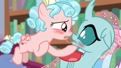 Size: 1280x720 | Tagged: suggestive, editor:anonymous, blushing, bookshelf, boop, changedling, changeling, cozy glow, cozylus, drool, drool string, duo, edit, edited screencap, female, filly, foal, foalcon, g4, implied kissing, imported from derpibooru, lesbian, library, my little pony: friendship is magic, noseboop, ocellus, pegasus, pony, ringlets, screencap, scrunchy face, shipping, what lies beneath