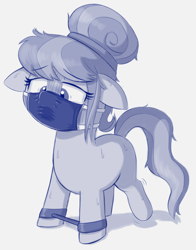 Size: 1246x1586 | Tagged: semi-grimdark, suggestive, artist:heretichesh, oc, oc:acorn cap, asphyxiation, bondage, breathplay, distressed, face mask, female, filly, foal, foalcon, hairband, imported from derpibooru, latex, mask, monochrome, pony, spreader bar, suffocating, sweat