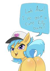 Size: 1000x1414 | Tagged: suggestive, artist:happy harvey, oc, oc:little league, alternate version, blushing, butt, butt blush, cute, dock, ear fluff, female, filly, foal, foalcon, hat, imported from derpibooru, lidded eyes, looking at you, looking back, looking back at you, offscreen character, phone drawing, plot, pony, simple background, transparent background