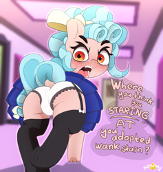 Size: 1302x1372 | Tagged: suggestive, artist:n0nnny, angry, blushing, bow, butt, cameltoe, clothes, cozy glow, dialogue, dock, female, foalcon, freckles, frilly underwear, g4, garter belt, imported from derpibooru, legwear, mare, older, older cozy glow, open mouth, panties, plot, pony, school, school uniform, schoolgirl, skirt, solo, stockings, teenager, teeth, thigh highs, tsundere, underhoof, underwear, upskirt, vulgar, white underwear