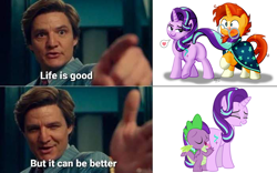 Size: 700x438 | Tagged: suggestive, artist:aleximusprime edits, artist:le-23, spike, starlight glimmer, age difference, blushing, butt, dragon, edit, female, foalcon, g4, imported from derpibooru, licking, life is good but it can be better, male, mare, maxwell lord, meme, open mouth, plot, pony, seduction, ship:sparlight, ship:starburst, shipping, stallion, starlight is a foal fiddler, straight, sunburst, tail, tail seduce, tongue out, trio, unicorn, winged spike, wings, wonder woman 1984