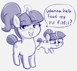 Size: 1044x960 | Tagged: suggestive, artist:heretichesh, oc, oc:nippi, oc:zippi, blushing, dialogue, drool, female, filfil, filly, foal, foalcon, freckles, hairband, imported from derpibooru, looking at you, magic, magic aura, monochrome, pony, propositioning, smug, text, unicorn