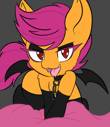 Size: 1490x1724 | Tagged: suggestive, artist:steelsoul, scootaloo, bat ponified, bat pony, bedroom eyes, clothes, collar, foalcon, g4, imported from derpibooru, looking at you, open mouth, race swap, scootabat, socks, tongue out, vampire