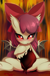 Size: 3456x5184 | Tagged: suggestive, artist:zionworldartist, apple bloom, abstract background, bat ponified, bat pony, blushing, bow, covering, female, filly, foal, foalcon, g4, hair bow, imported from derpibooru, pony, race swap, red eyes, sitting, smiling, spread legs, spread wings, spreading, tail covering, underhoof, wings