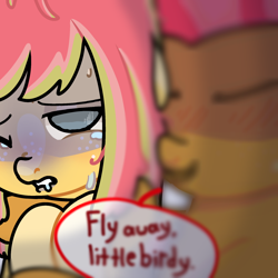 Size: 1845x1845 | Tagged: semi-grimdark, artist:sugar breeze, babs seed, oc, oc:sugar breeze, asphyxiation, blurry background, canon x oc, earth pony, female, filly, foal, foalcon, g4, imported from derpibooru, pegasus, pegasus oc, pony, shipping, strangling, text