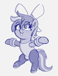 Size: 741x973 | Tagged: suggestive, artist:heretichesh, oc, oc:susie supreme, arm band, armpits, bipedal, blushing, bow, clothes, crotch bulge, female, filly, foal, foalcon, freckles, hair bow, imported from derpibooru, legwear, leotard, mlem, monochrome, oc only, pony, pose, raised leg, shoes, silly, sketch, solo, stockings, thigh highs, tights, tongue out, unicorn