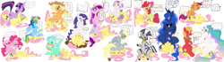 Size: 5750x1615 | Tagged: suggestive, artist:purplekecleon, editor:rozyfly10, apple bloom, applejack, fluttershy, pinkie pie, princess celestia, princess luna, rainbow dash, rarity, scootaloo, sweetie belle, twilight sparkle, age difference, angry, apple, apple family member, big macintosh, bloomdom, book, collage, cutie mark crusaders, dashdom, derpy hooves, derpydom, domdance, domlestia, earth pony, edit, faceful of ass, facesitting, female, femdom, femsub, filly, filly on mare, flutterbuse, flutterseat, fluttersub, foal, foalcon, food, g4, imported from derpibooru, lesbian, looking down, lucky girl, lunadom, lyra heartstrings, lyradom, male, male facesitting, maledom, mane six, mare, pegasus, pinkiedom, pony, princess cadance, raridom, reading, scootadom, ship:flarity, shipping, simple background, sitting, sitting on person, sitting on pony, submissive, sweetiedom, text, twidom, white background, zecora