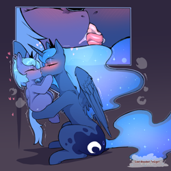 Size: 1500x1500 | Tagged: suggestive, artist:cold-blooded-twilight, princess luna, age difference, alicorn, blushing, dock, duo, duo female, eyes closed, female, females only, filly, filly luna, foal, foalcon, french kiss, g4, heart, holding a pony, imported from derpibooru, kiss on the lips, kissing, lesbian, mare, mare on filly, panting, pony, self paradox, self ponidox, selfcest, shipping, shivering, size difference, tail, tongue out, woona, younger