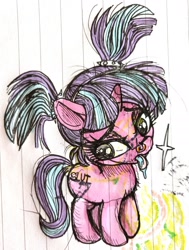 Size: 2296x3032 | Tagged: suggestive, artist:sharpi, starlight glimmer, drool, edgelight glimmer, female, filly, filly starlight glimmer, foal, foalcon, g4, high res, imported from derpibooru, nose piercing, nose ring, piercing, pigtails, pony, slut, slut glimmer, solo, tongue out, traditional art, unicorn, vulgar, younger