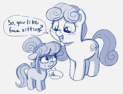 Size: 902x693 | Tagged: suggestive, artist:heretichesh, oc, oc:acorn cap, oc:callista, blushing, dialogue, dread, earth pony, fear, female, filly, foal, foalcon, giant pony, hairband, happy, implied facesitting, implied lesbian, imported from derpibooru, macro, pony, sweat, text