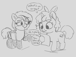 Size: 1016x774 | Tagged: suggestive, artist:heretichesh, oc, oc:banana split, bag, blushing, bow, clothes, confusion, dialogue, duo, earth pony, eyeshadow, female, filly, fishnet stockings, flier, foal, foalcon, g4, implied orgy, imported from derpibooru, legwear, makeup, older, paper, pony, pumpkin cake, saddle bag, sketch, soliciting, text, unicorn