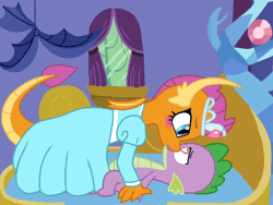 Size: 1440x1080 | Tagged: suggestive, artist:rayxbruh, spike, animated, clothes, dragon, dress, duo, duo male and female, female, foalcon, french kiss, g4, gif, heart, heart eyes, hime lolita, imported from derpibooru, indoors, kissing, lolita fashion, male, princess smolder, ship:spolder, shipping, smolder, spike's bed, spike's room, straight, twilight's castle, wingding eyes