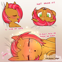 Size: 1200x1200 | Tagged: suggestive, artist:cold-blooded-twilight, babs seed, blushing, blushing profusely, confession, dialogue, ear blush, earth pony, eyes closed, female, foalcon, freckles, frog (hoof), frown, g4, heart, human, human on pony action, implied human on pony action, implied interspecies, imported from derpibooru, interspecies, kissing, kissy face, looking at you, looking up, love, pony, puckered lips, simple background, smiling, solo, solo female, sweat, teary eyes, underhoof