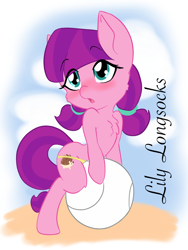 Size: 1536x2048 | Tagged: suggestive, artist:steelsoul, alternate version, ball, beach, bikini, blushing, chest fluff, clothes, earth pony, female, filly, foal, foalcon, g4, imported from derpibooru, lily longsocks, nudity, partial nudity, pony, swimsuit, topless