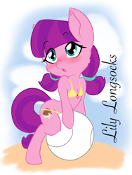 Size: 1536x2048 | Tagged: suggestive, artist:steelsoul, ball, beach, bikini, clothes, female, filly, foal, foalcon, g4, imported from derpibooru, lily longsocks, swimsuit
