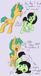 Size: 1000x1814 | Tagged: suggestive, artist:happy harvey, oc, oc:filly anon, 2 panel comic, ass up, bedroom eyes, both cutie marks, bucktooth, butt, colt, comic, condom, condom in mouth, dialogue, earth pony, face down ass up, female, filly, foal, foalcon, g4, imminent sex, imported from derpibooru, male, misunderstanding, mouth hold, open mouth, phone drawing, plot, pony, pushed down, simple background, snails, starry eyes, thrown away, tongue out, unicorn, wingding eyes