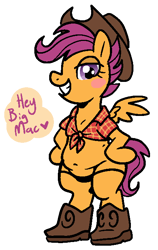 Size: 437x690 | Tagged: suggestive, artist:vodkamewtwoni, scootaloo, black panties, black underwear, boots, clothes, cowboy boots, cowboy hat, female, foal, foalcon, g4, hat, implied big macintosh, implied scootamac, implied shipping, implied straight, imported from derpibooru, panties, pegasus, plaid shirt, semi-anthro, shirt, shoes, simple background, solo, solo female, speech, speech bubble, talking, text, transparent background, underwear