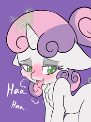 Size: 1536x2048 | Tagged: suggestive, artist:steelsoul, sweetie belle, ambiguous penetration, blushing, drool, female, foalcon, g4, horn, horngasm, implied sex, imported from derpibooru, magic, magical unicorn mayonnaise, open mouth, pony, semi-anthro, tongue out, unicorn