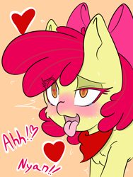 Size: 1536x2048 | Tagged: suggestive, artist:steelsoul, apple bloom, ahegao, blushing, chest fluff, colored pupils, drool, earth pony, female, foalcon, g4, heart, heart eyes, implied foalcon, implied sex, imported from derpibooru, nyan, open mouth, orange background, pony, shivering, simple background, smiling, solo, solo female, tongue out, wingding eyes